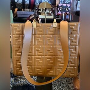 Fendi FF Sunshine Medium Embossed Caramel Leather Tote with Plexiglass Tortoise